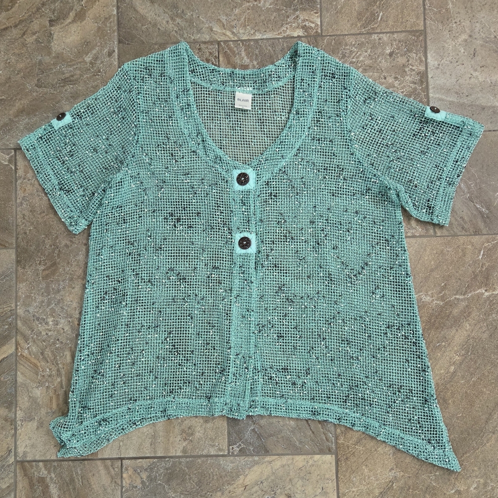 Blair Teal Button-Down Knit Top Women XL Sheer BoHo Summer Mesh Green Beach